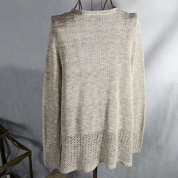 Woven Neutral Tan Long Open Cardigan Sweater Tahari Size L Minmalist Fisherman - Picture 7 of 9